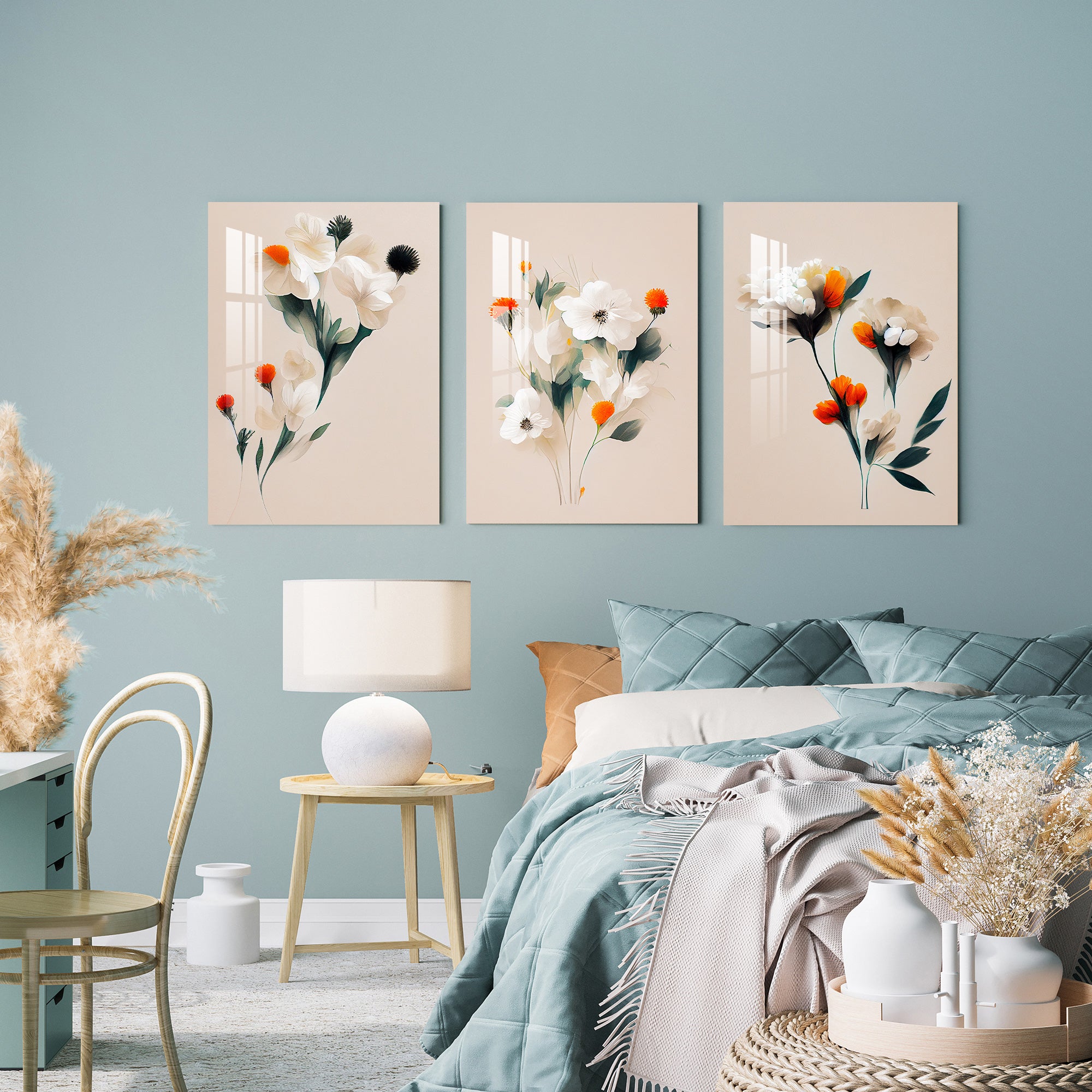 White & Orange Mangolian Flowers Acrylic Wall Art (Set of 3)