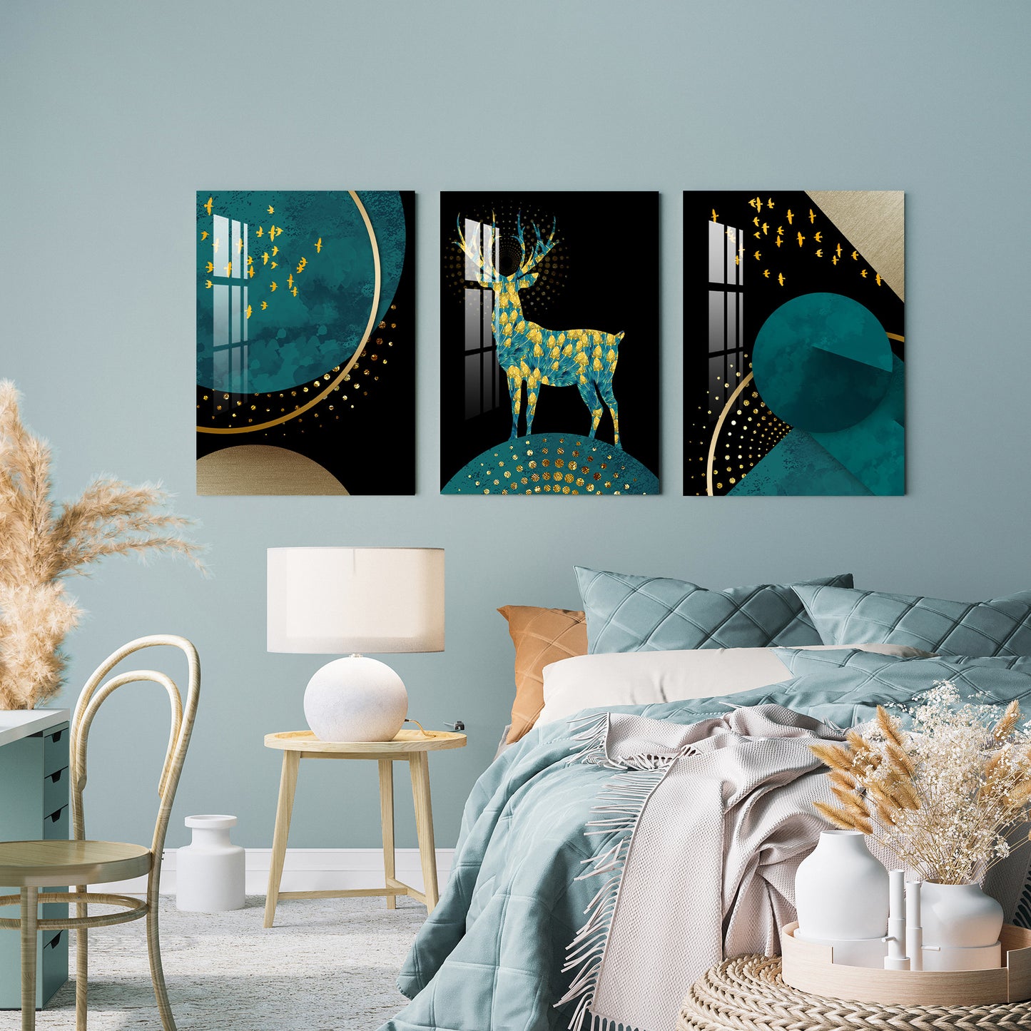 Golden Birds with Marble Deer Acrylic Wall Art (Set of 3)