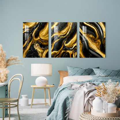 Black & Golden Liquid Marble Acrylic Wall Art (Set of 3)