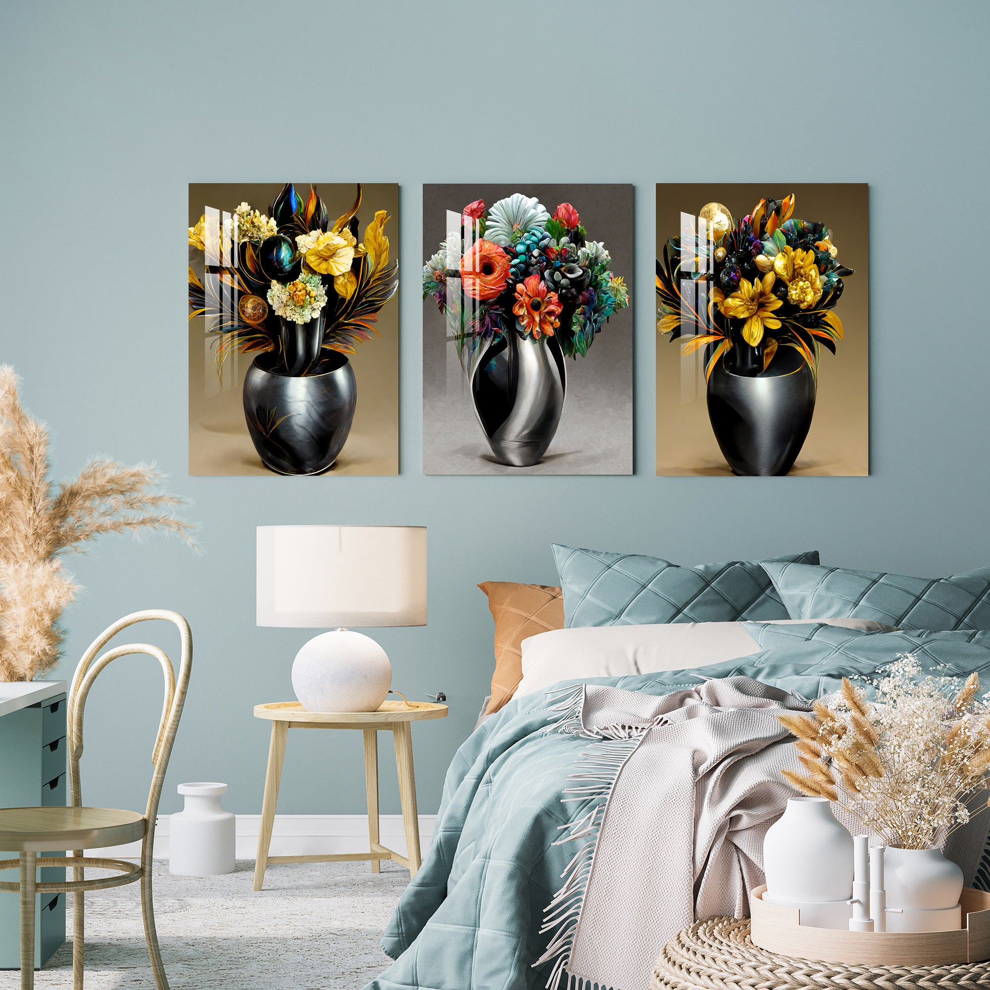 Gunmetal Vase And Flower Acrylic Wall Art (Set of 3)