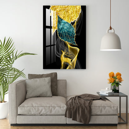 Leaves with Golden Deer Acrylic Wall Art