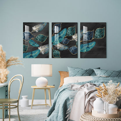 Blue, Turquoise & Gray Leaves Acrylic Wall Art ( Set of 3)