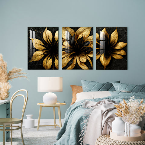 Black & Golden Fractal Flowers Acrylic Wall Art (Set of 3)