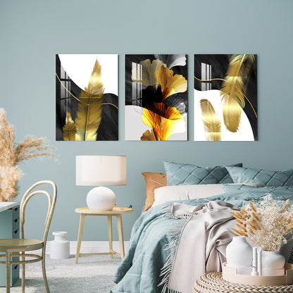 Golden Feathers Acrylic Wall Art (Set of 3)