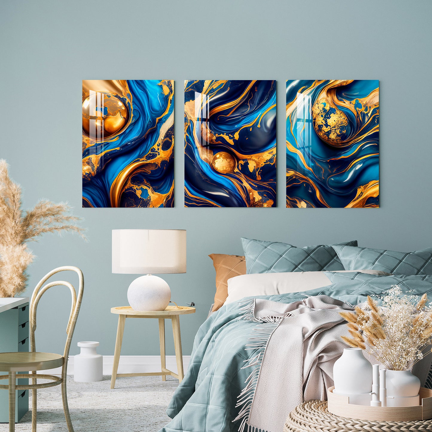 Swirling Blue Golden Ink Acrylic Wall Art (Set of 3)