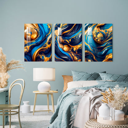 Swirling Blue Golden Ink Acrylic Wall Art (Set of 3)