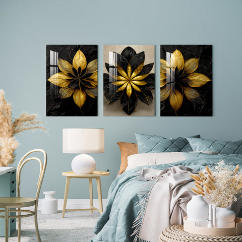 Black and Golden Floral Acrylic Wall Art (Set of 3)