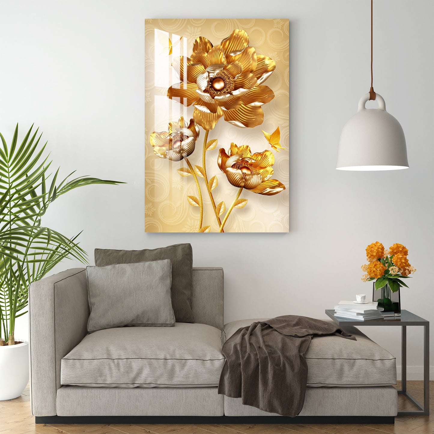 Attractive Golden Flowers Acrylic Wall Art