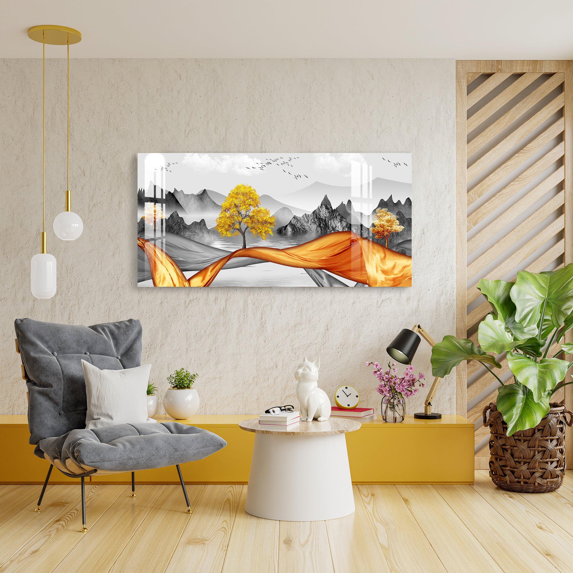 Black & White with Golden dash Acrylic Wall Art