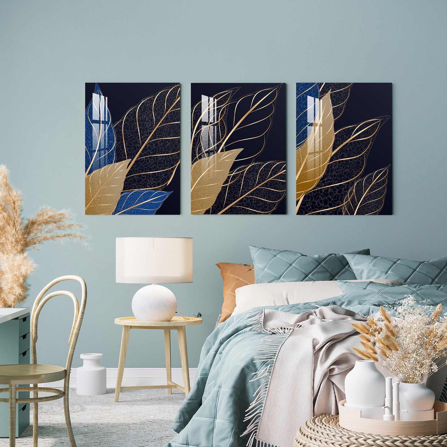 Blue, Golden & Black Leaf Acrylic Wall Art (Set of 3)