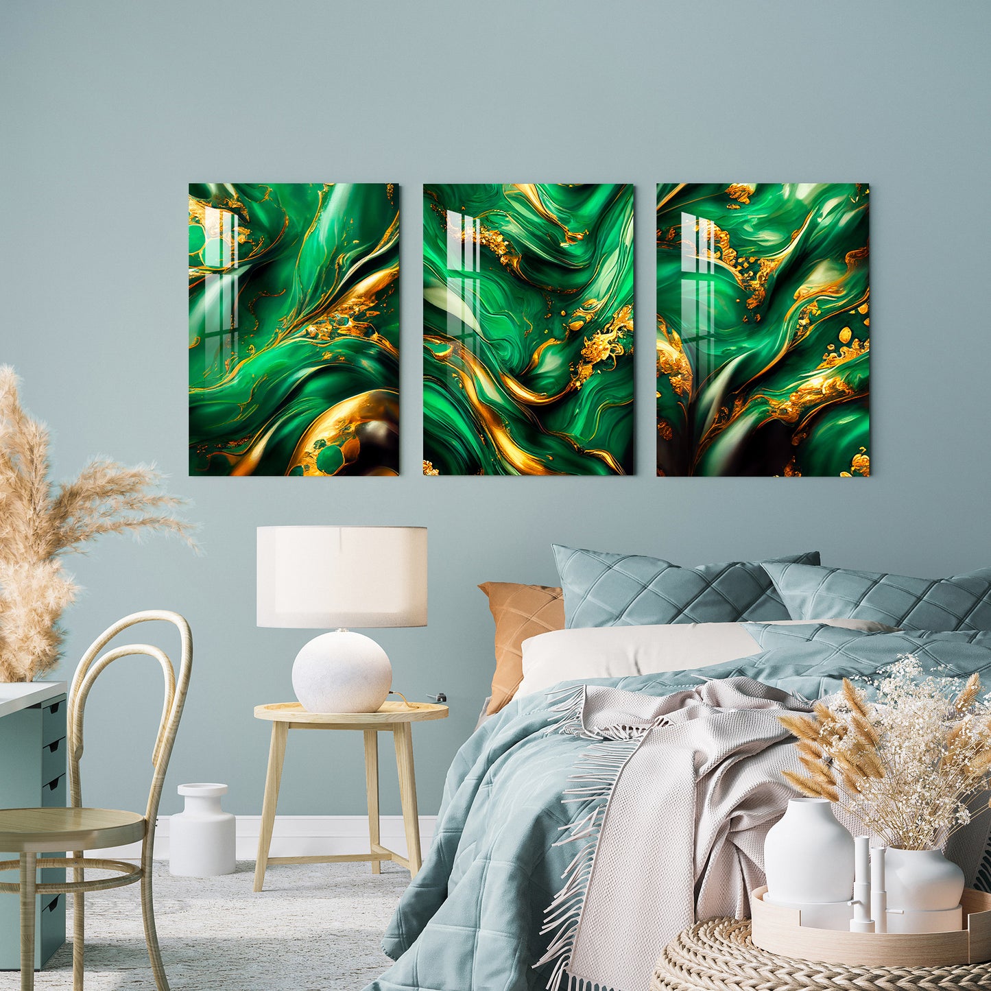 Dark Teal & Golden Ink Swirled Around Acrylic Wall Art (Set of 3)