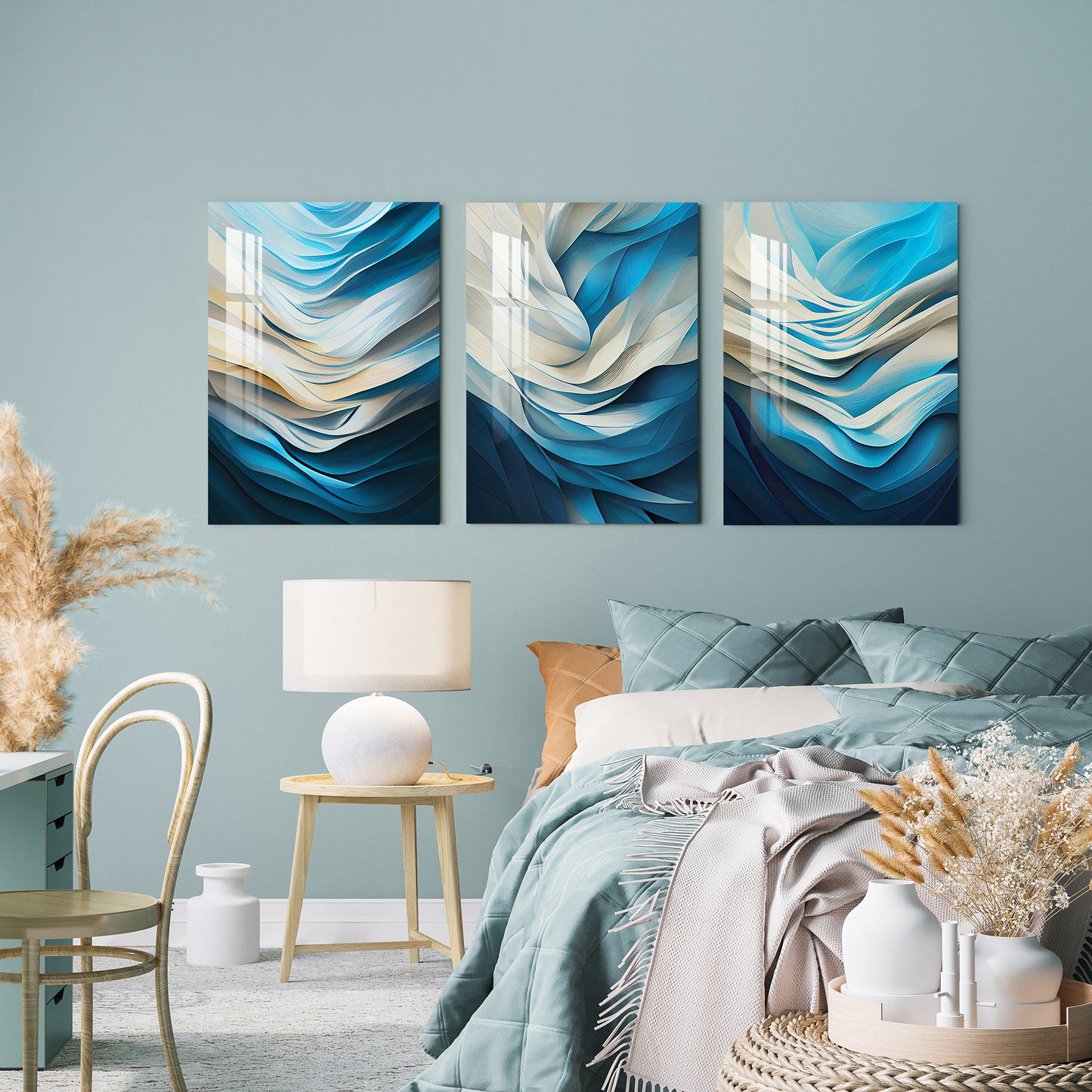 Blue & White Fractal Print Acrylic Wall Art (Set of 3)