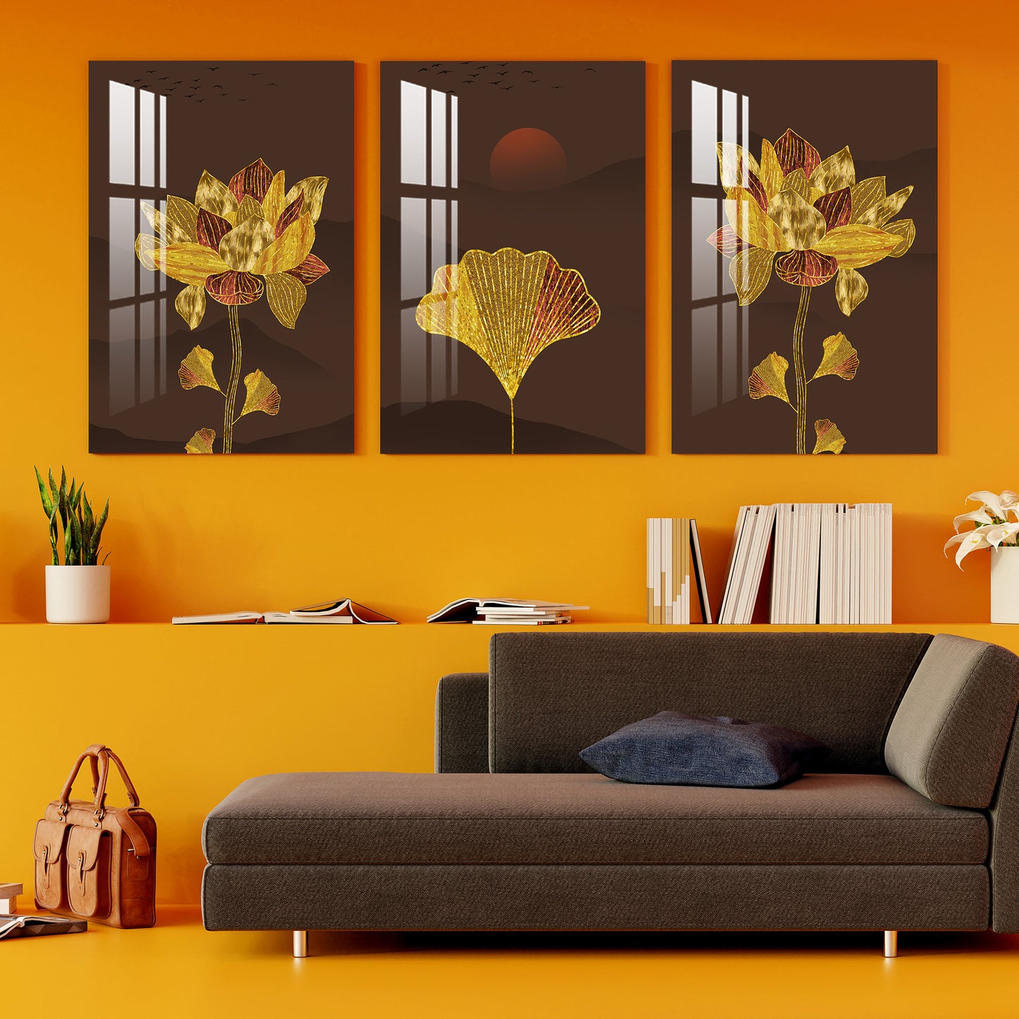 Golden and Red Flowers With Sun Acrylic Wall Art (Set of 3)