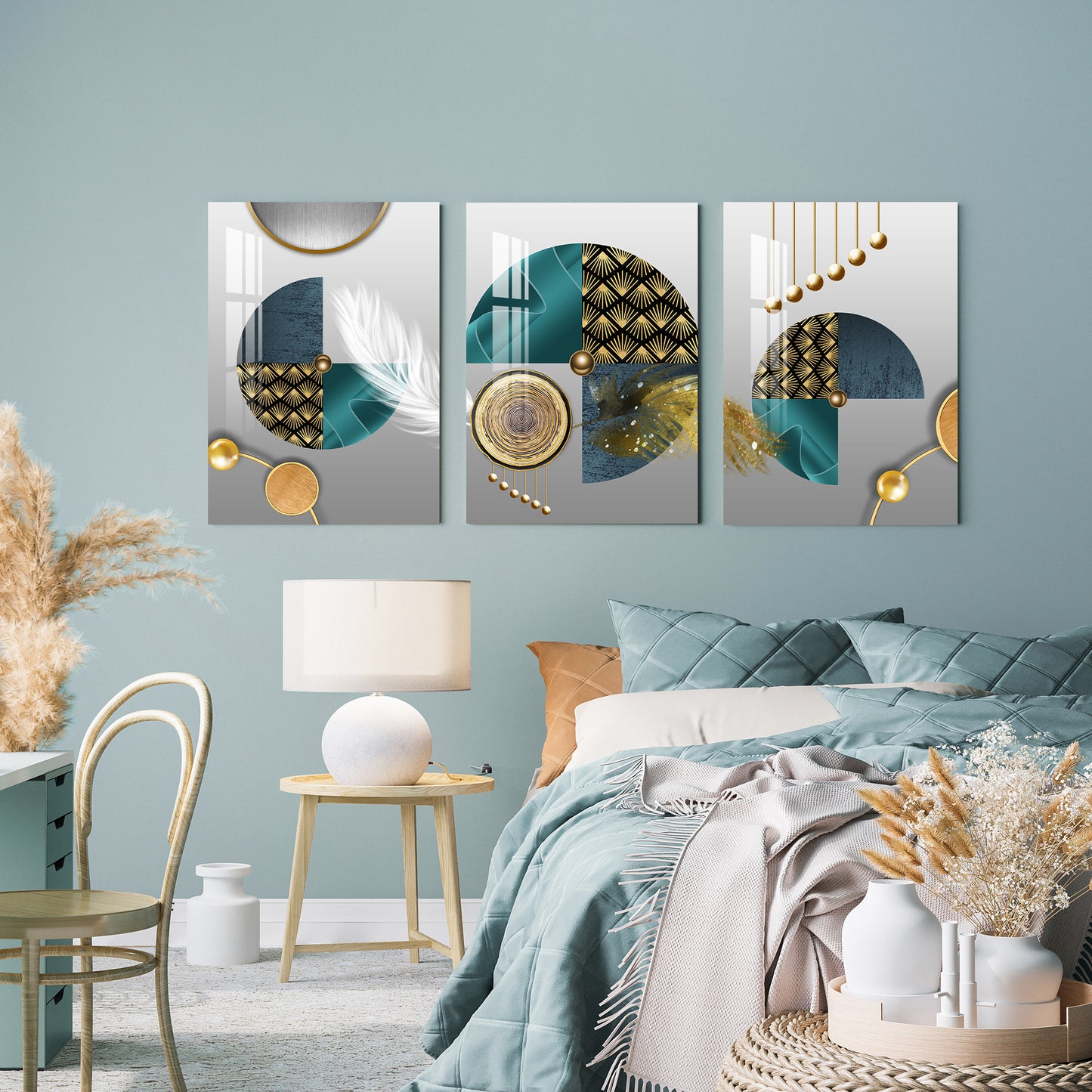 Circle Geometric Feather Acrylic Wall Art (Set of 3)