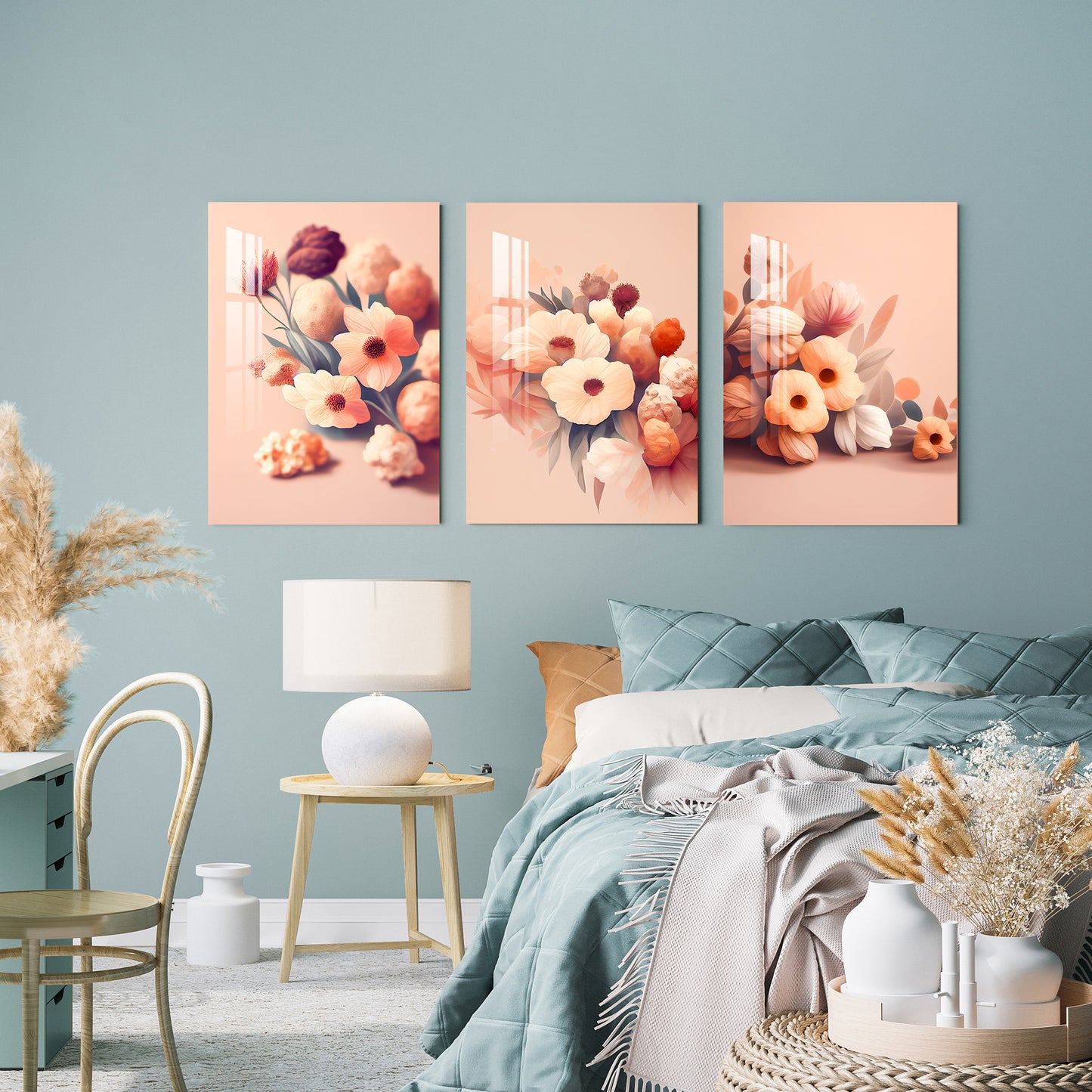 Peach Themed Floral Acrylic Wall Art (Set of 3)