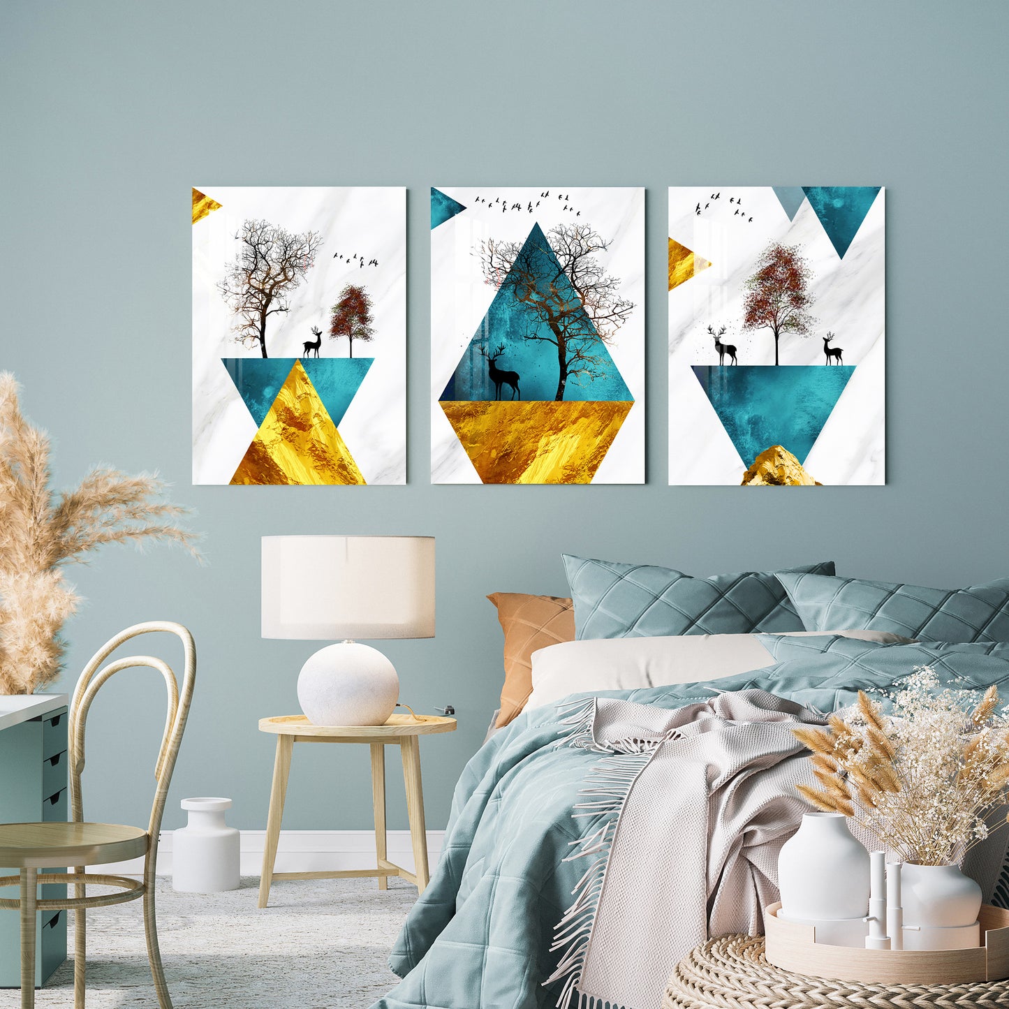 Deer on Abstract Triangle Acrylic Wall Art (Set of 3)