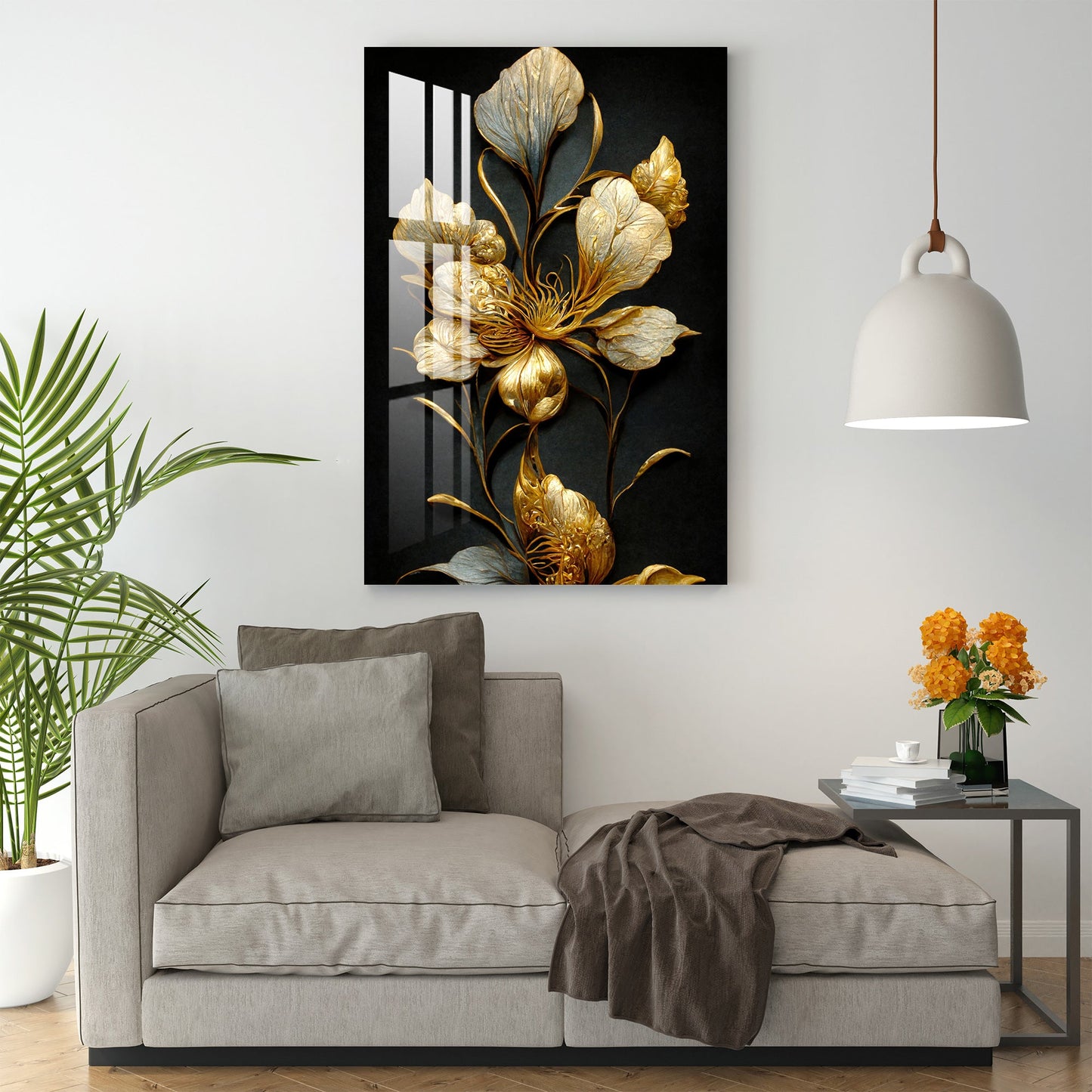 Classic Golden & Black Shade Floral Acrylic Wall Art - 29.5X20 inches / 8MM (Premium)