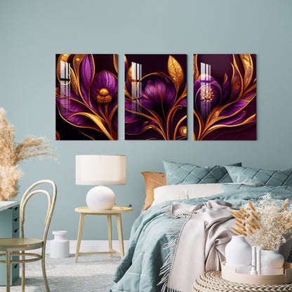 Purple Flowers with Golden Leaves Acrylic Wall Art (Set of 3)