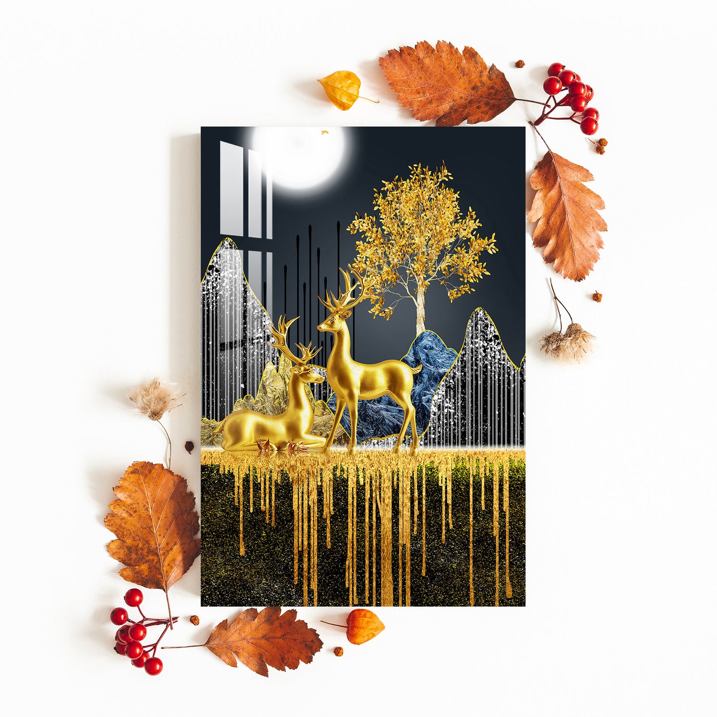 Deers In The Golden Forest Acrylic Wall Art