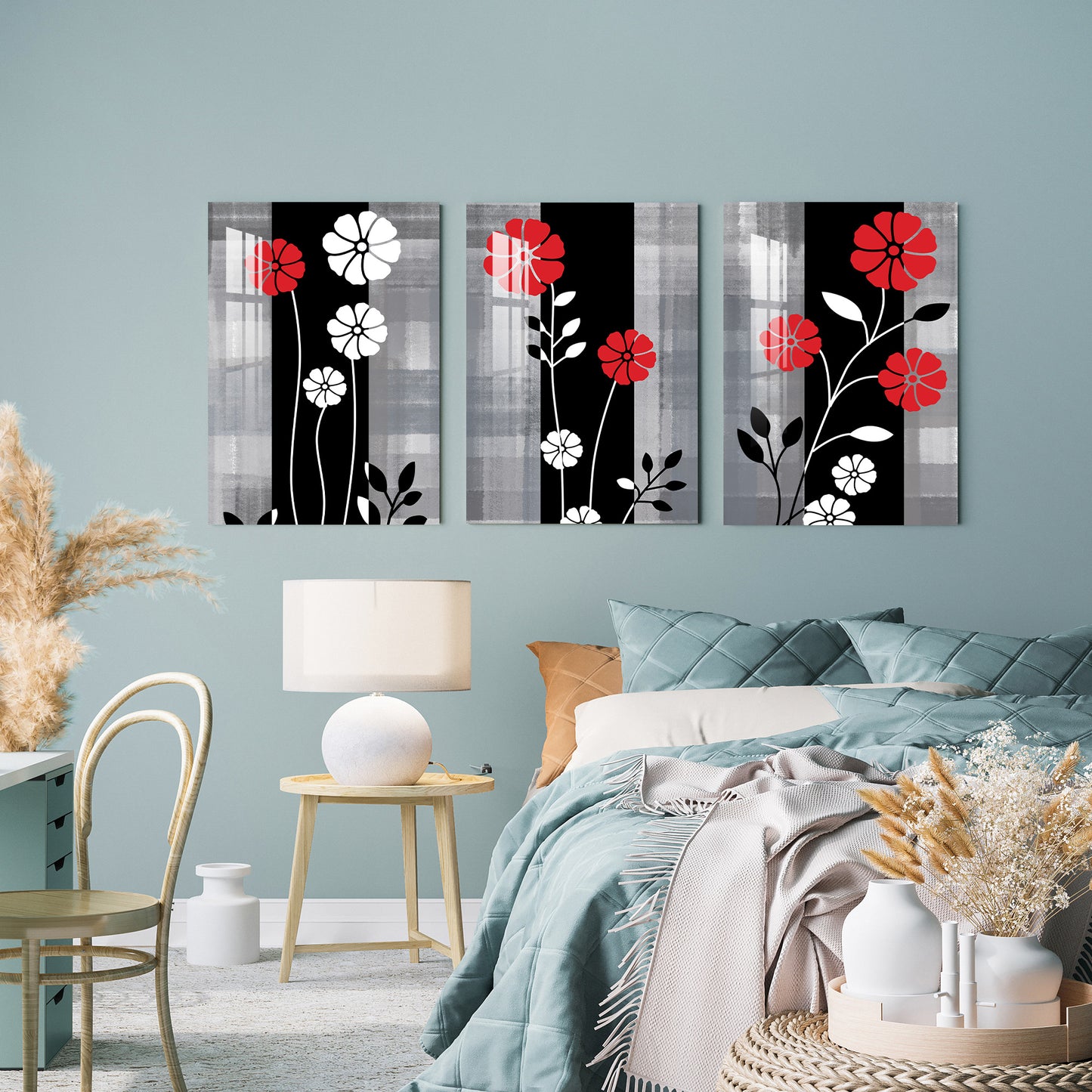 Red & White Flowers Acrylic Wall Art (Set of 3)