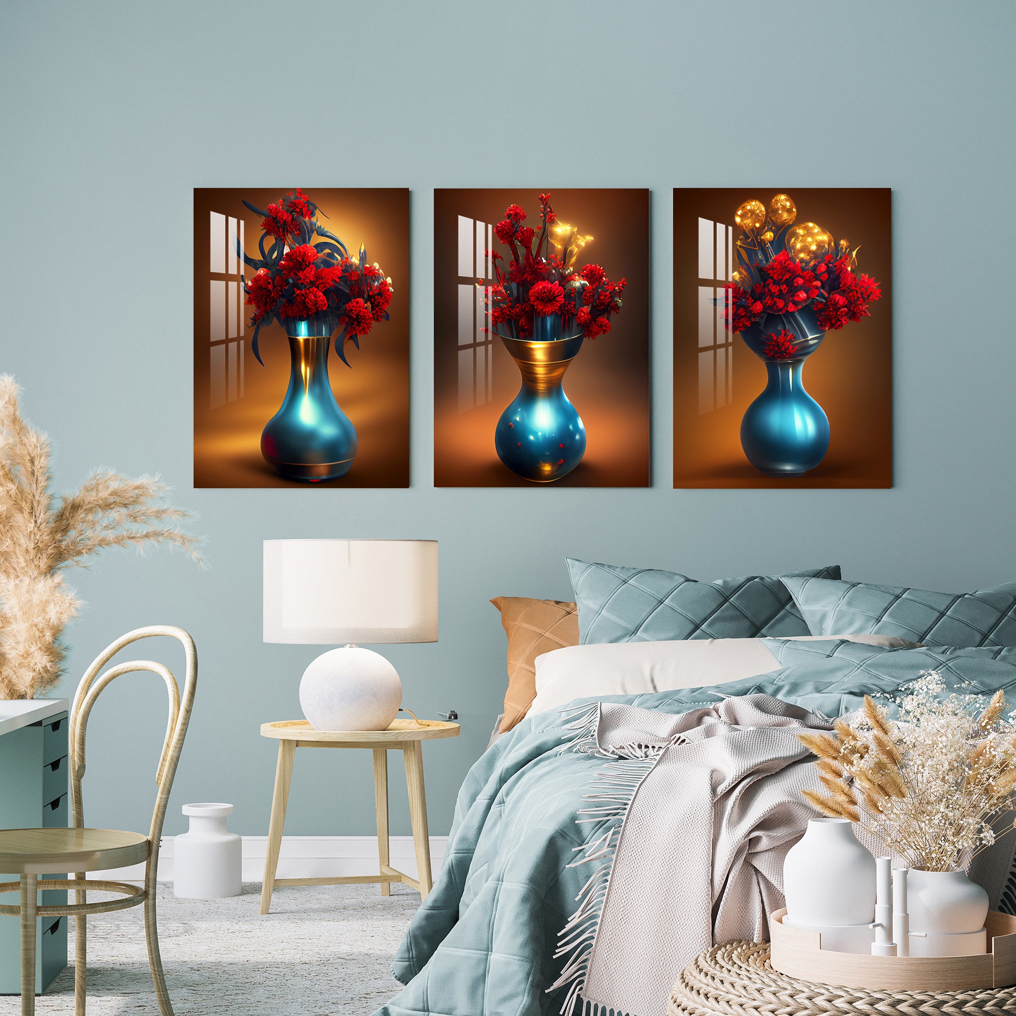 Turquoise Vase with Red Flowers Acrylic Wall Art (Set of 3)