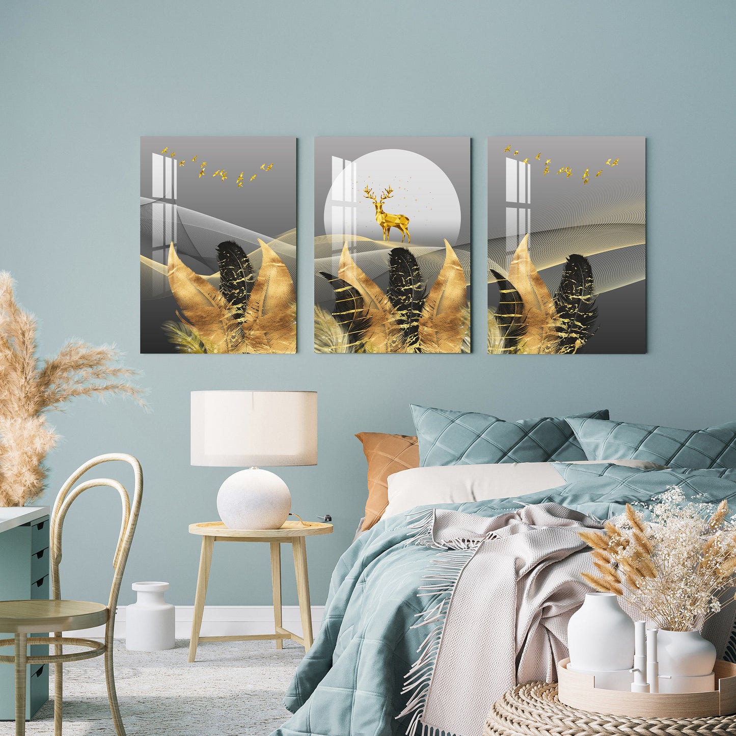 Golden & Black Feathers with Deer Acrylic Wall Art (Set of 3)