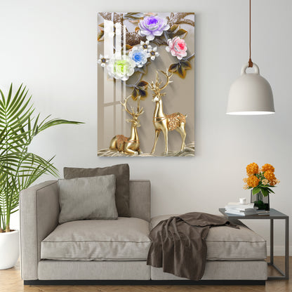 Golden Deers with Colourful Flowers Acrylic Wall Art