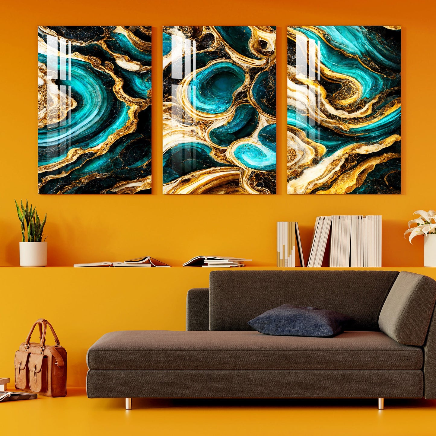 Cyan & Golden Waves Acrylic Wall Art (Set of 3) - 23.5X16 inches / 8MM (Premium)