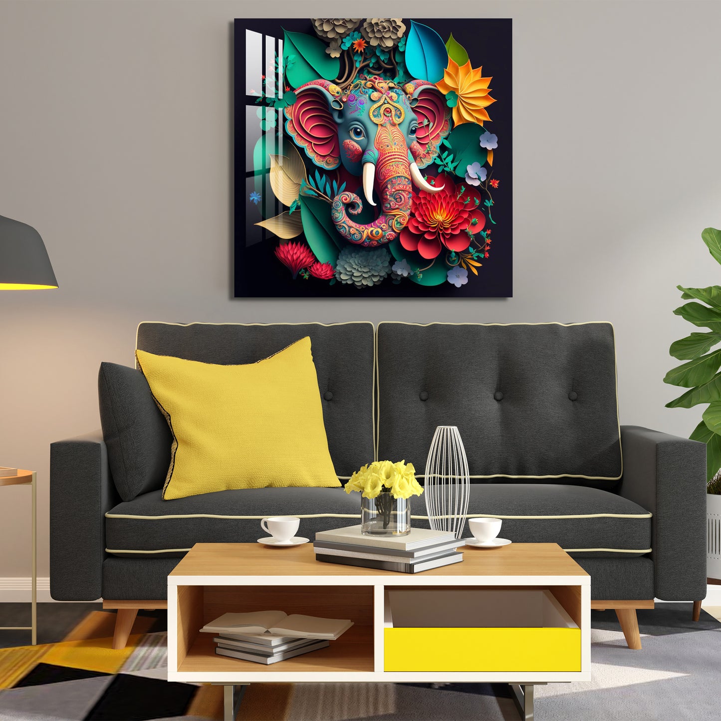 Ganpati with Leaves & Flower Acrylic Wall Art