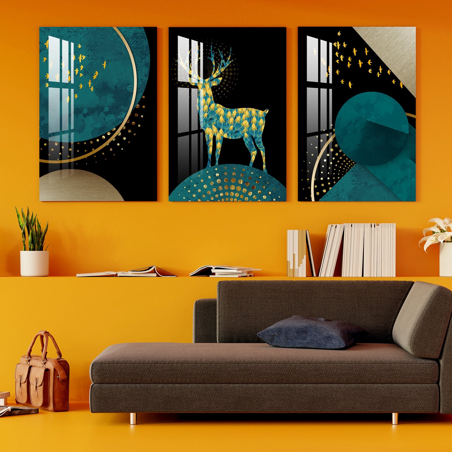 Golden Birds with Marble Deer Acrylic Wall Art (Set of 3)