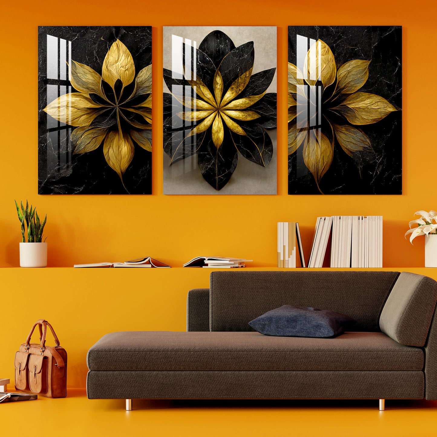 Black and Golden Floral Acrylic Wall Art (Set of 3)