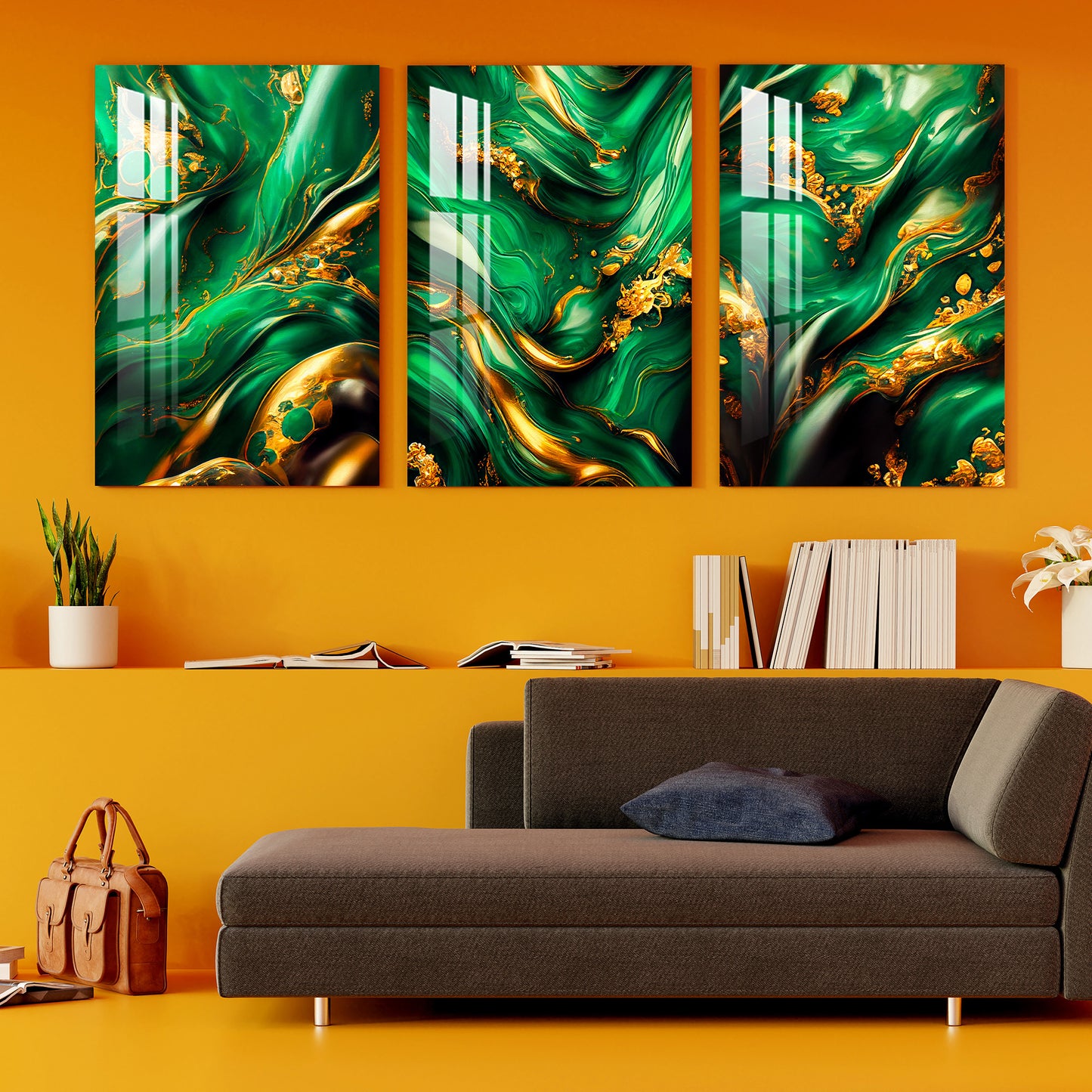 Dark Teal & Golden Ink Swirled Around Acrylic Wall Art (Set of 3)