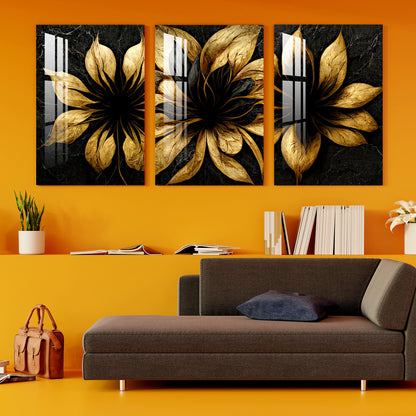 Black & Golden Fractal Flowers Acrylic Wall Art (Set of 3)