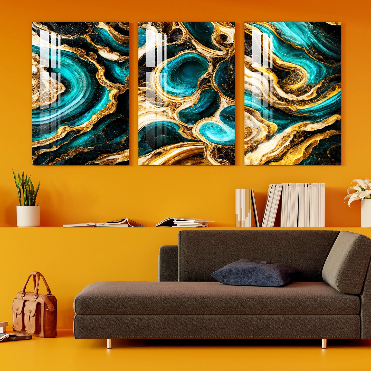 Cyan & Golden Waves Acrylic Wall Art (Set of 3)