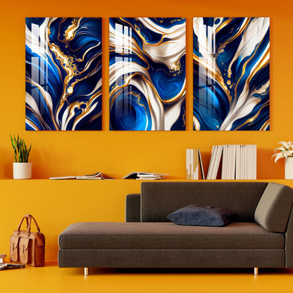 Blue, White & Golden Fluid Art Acrylic Wall Art (Set of 3)