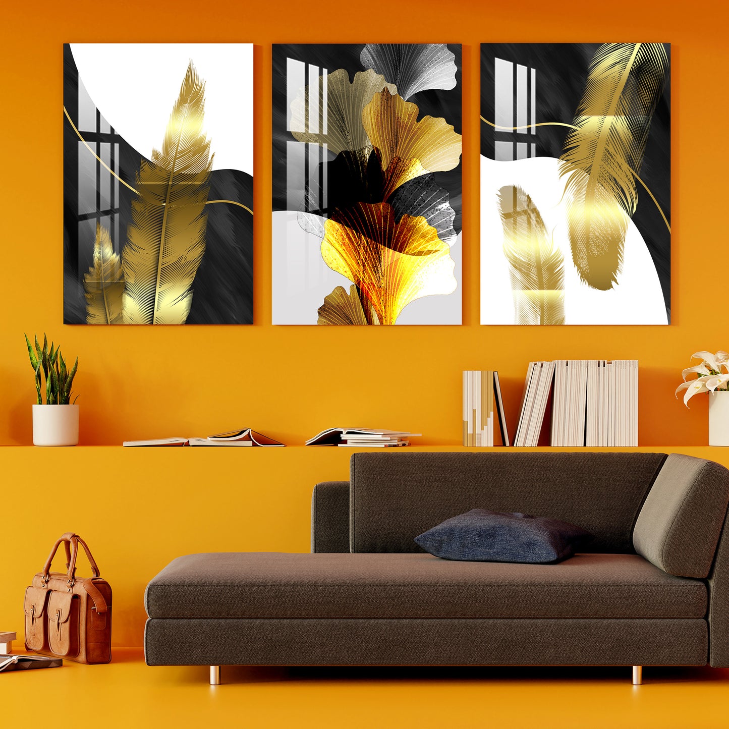 Golden Feathers Acrylic Wall Art (Set of 3)