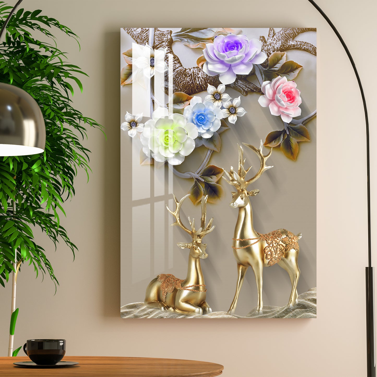 Golden Deers with Colourful Flowers Acrylic Wall Art