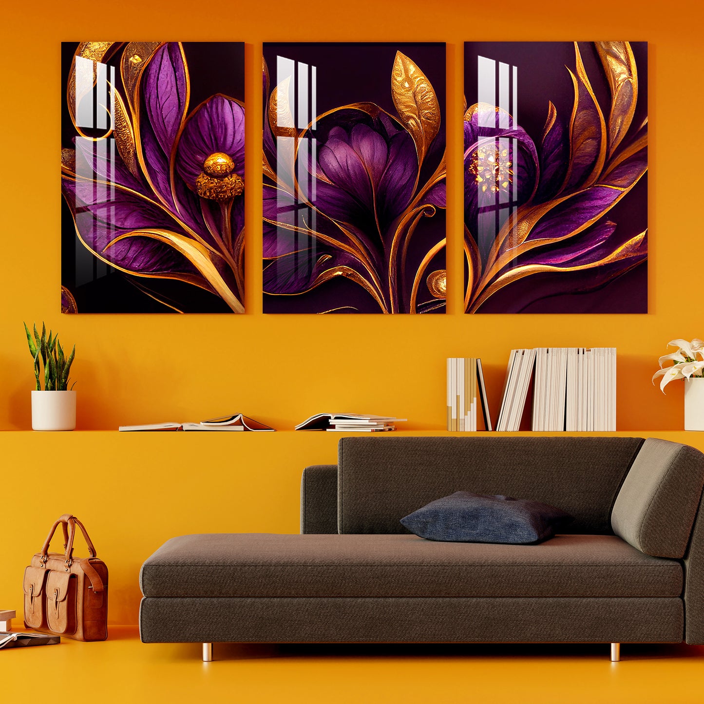 Purple Flowers with Golden Leaves Acrylic Wall Art (Set of 3)