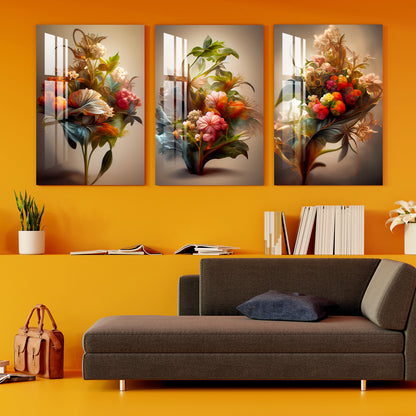 Bunch of Beautiful Flowers Acrylic Wall Art (Set of 3)