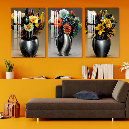 Gunmetal Vase And Flower Acrylic Wall Art (Set of 3)