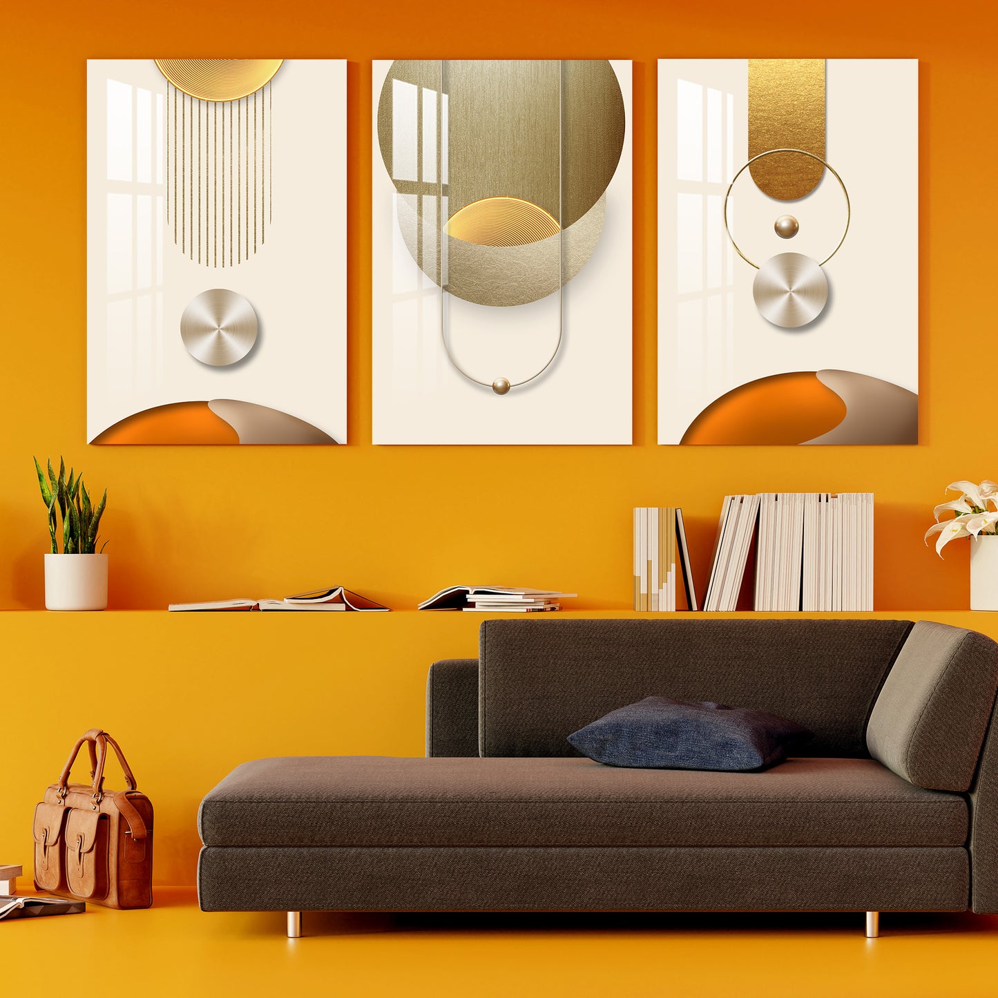 Golden Lines & Spheres Acrylic Wall Art (Set of 3)