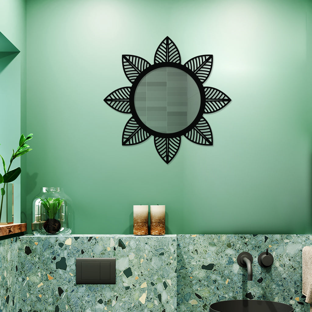 Round Metal Wall Mirror With Leaf