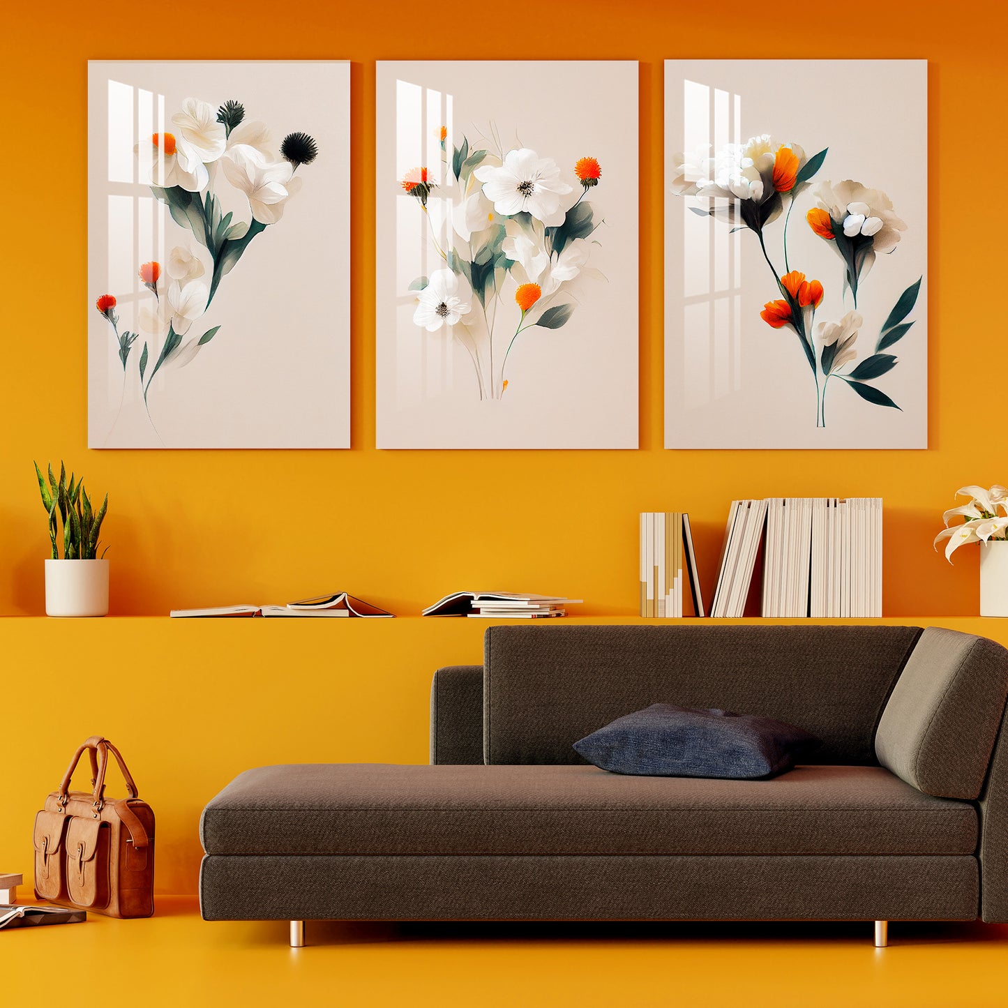 White & Orange Mangolian Flowers Acrylic Wall Art (Set of 3)