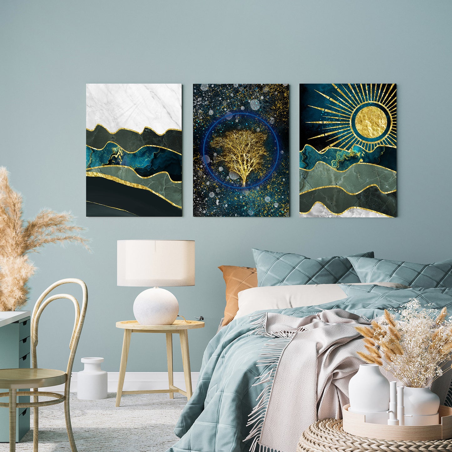 Turquoise Marble Golden Trees Acrylic Wall Art (Set of 3)