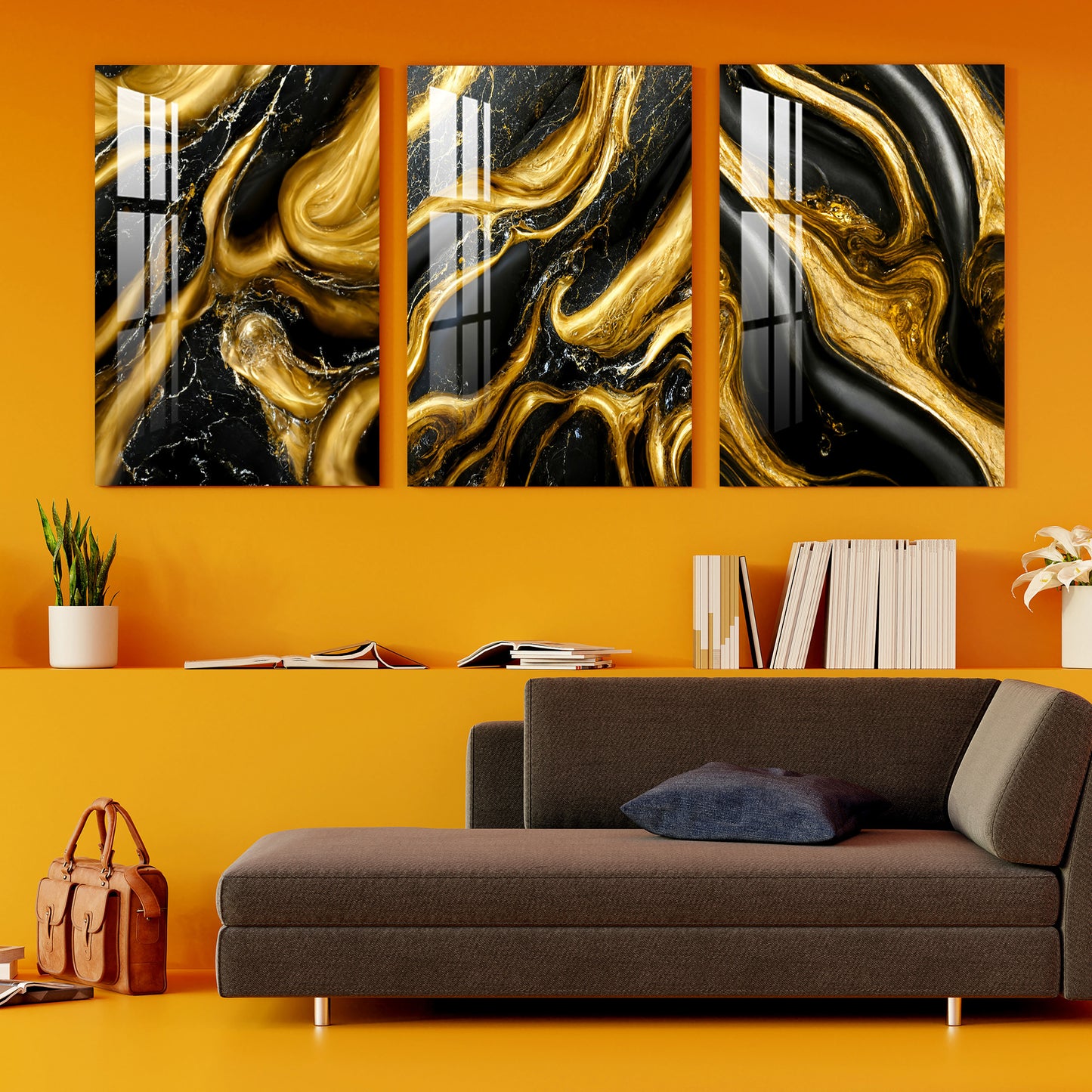 Black & Golden Liquid Marble Acrylic Wall Art (Set of 3)