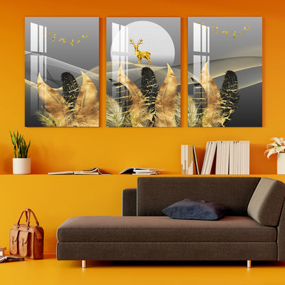 Golden & Black Feathers with Deer Acrylic Wall Art (Set of 3)