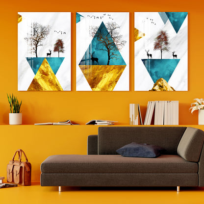 Deer on Abstract Triangle Acrylic Wall Art (Set of 3)