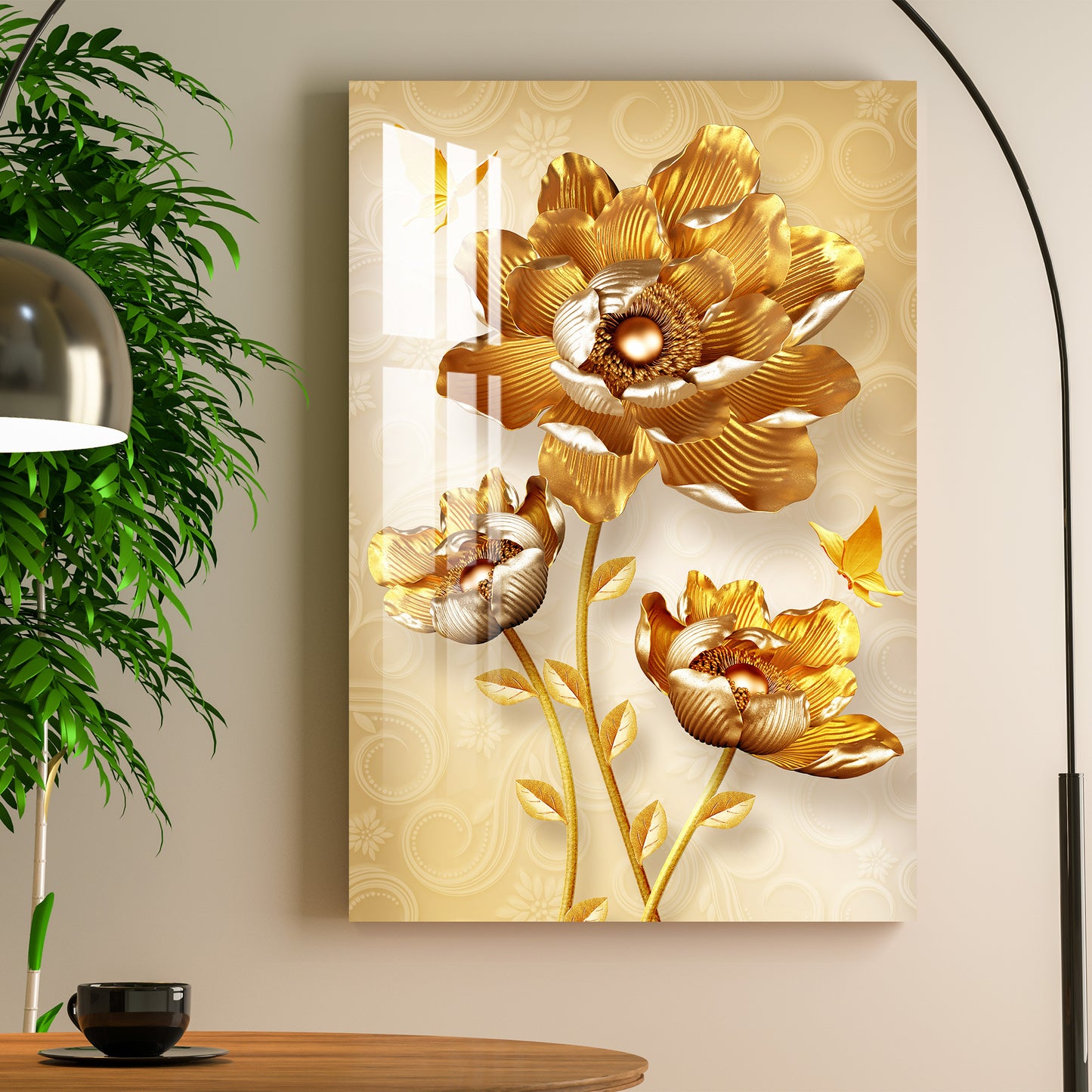 Attractive Golden Flowers Acrylic Wall Art