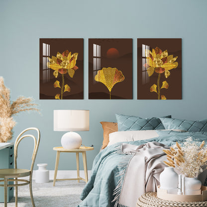 Golden and Red Flowers With Sun Acrylic Wall Art (Set of 3)