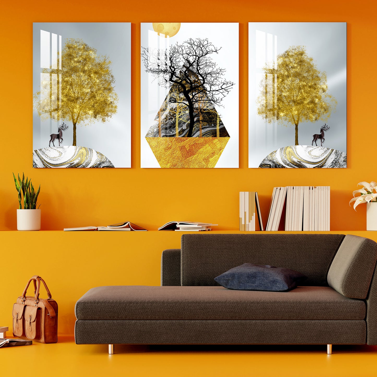 Black & Golden Trees with Sun Acrylic Wall Art (Set of 3)